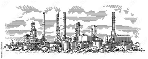 Industrial landscape line (engraving style) drawing. Oil refinery plant. Oil industry ...