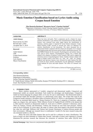 Music Emotion Classification based on Lyrics-Audio using Corpus based ...