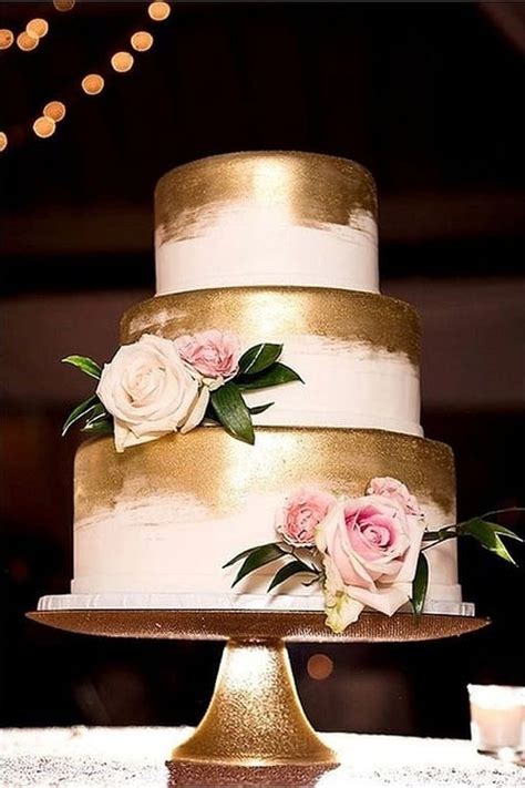 3 tier gold wedding cake with blush flowers - wedding cake inspiration