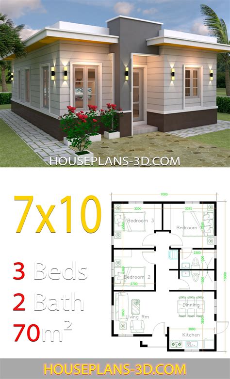 House Design 7x10 with 3 Bedrooms Terrace Roof - House Plans 3D ...