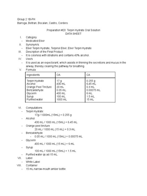 Preparation #20 - Terpin Hydrate Oral Solution | PDF | Glycerol | Sugar ...