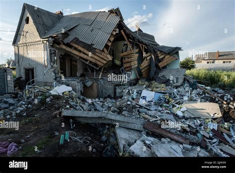 Slovyansk, Ukraine. 20th July, 2022. The exterior view of a destroyed ...