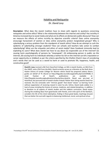 Halakha and Netiquette Dr. David Levy - DocsLib