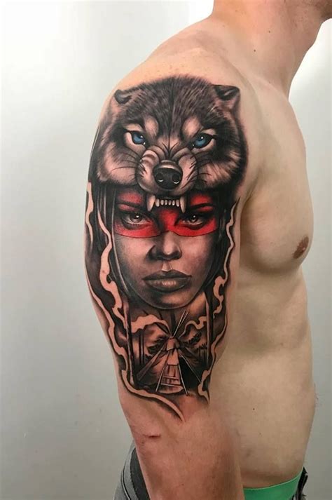 Native american/wolf tattoo by Vlad. Limited availability at Holy Grail Tattoo Studio | Native ...