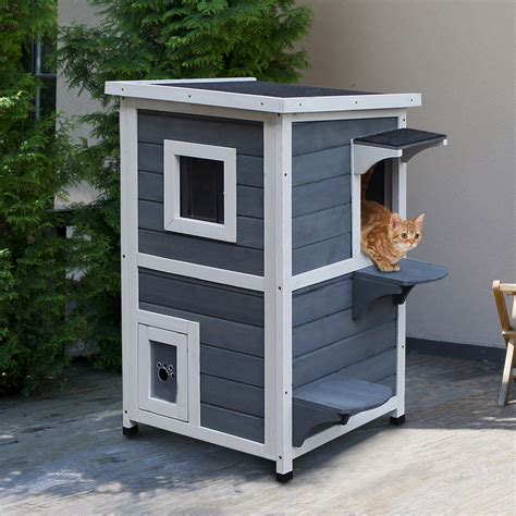 Outdoor Solid Wood 2-Floor Cat Condo Pet House Kitten Shelter with ...