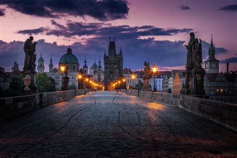 Charles Bridge in Prague, Czech Republic before sunrise.