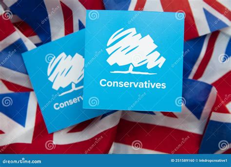 LONDON, UK - July 2022: Conservative United Kingdom Political Party Logo on a Union Jack Flag ...