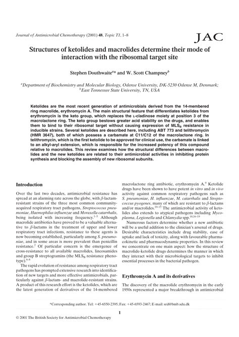 (PDF) Structures of ketolides and macrolides determine their mode of interaction with the ...