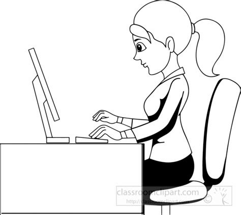 People Clipart- black-white-woman-working-in-office-clipart - Classroom Clipart