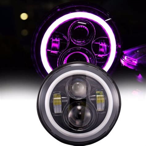 7 inch Round LED Headlights Daymaker with Pink Halo Ring Angle Eye DRL ...