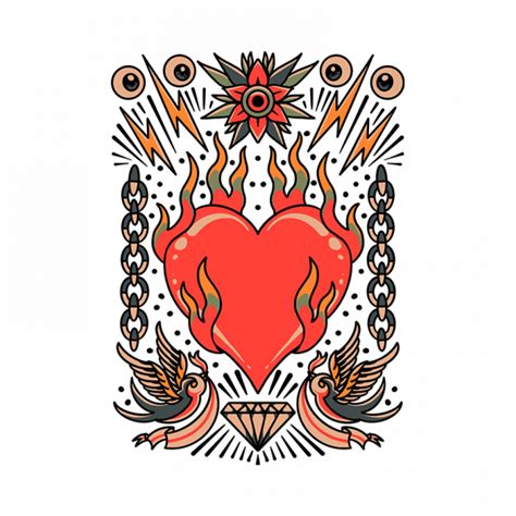 burning heart tattoo set