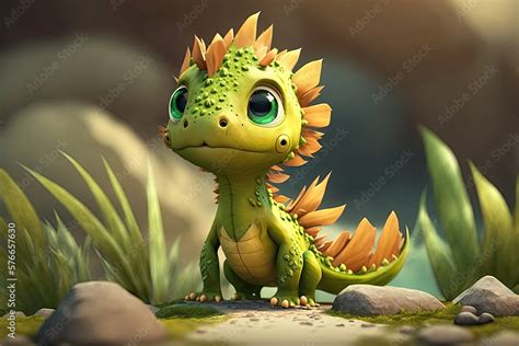 a cute adorable baby dragon lizard 3D Illustation stands in nature in ...