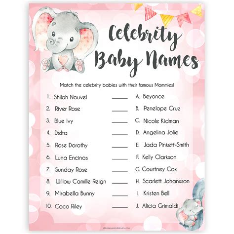 Match The Celebrity Baby Names - Pink Elephant Printable Baby Shower ...