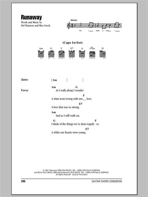 Runaway by Del Shannon Sheet Music for Guitar Chords/Lyrics at Sheet Music Direct