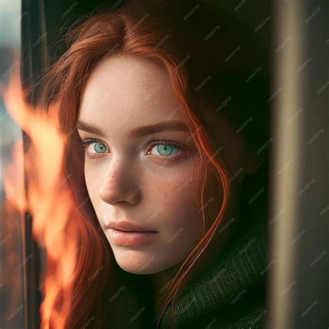 Premium Photo | A woman with red hair and green eyes looks out of a window.