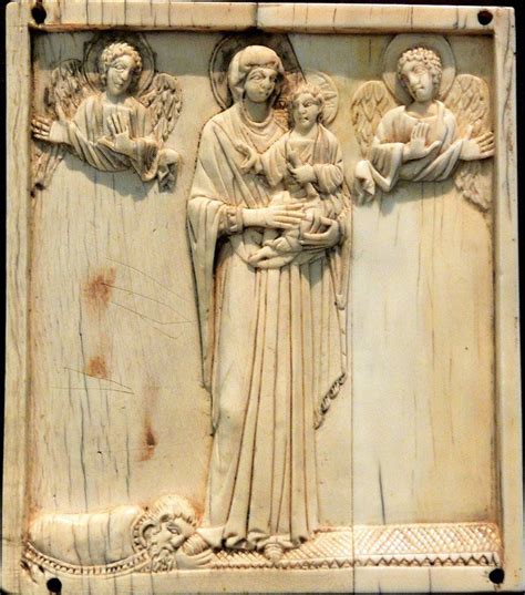 Ivory panel with the Virgin and Child, two angels, a benefactor doing proskynesis, end of 10th ...