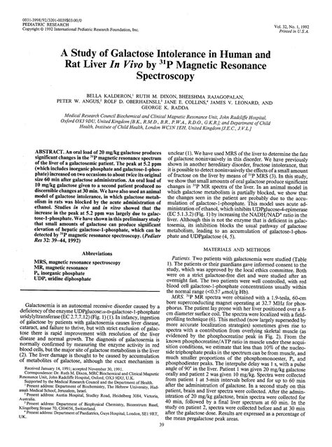 A Study of Galactose Intolerance in Human and Rat Liver in Vivo by 31~Magnetic Resonance ...