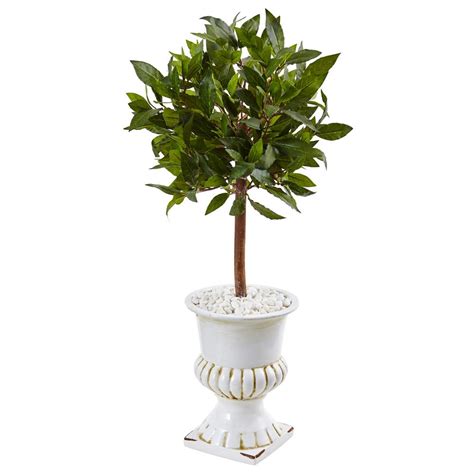 Nearly Natural Indoor Sweet Bay Mini Topiary Artificial Tree in White Urn-5995 - The Home Depot