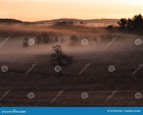 Fog Swirling through a Filed at Sunrise Stock Photo - Image of field ...