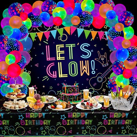 Buy 73 Pieces Glow Neon Birthday Party Supplies - Let's Glow Backdrop Banner, Black Light Neon ...