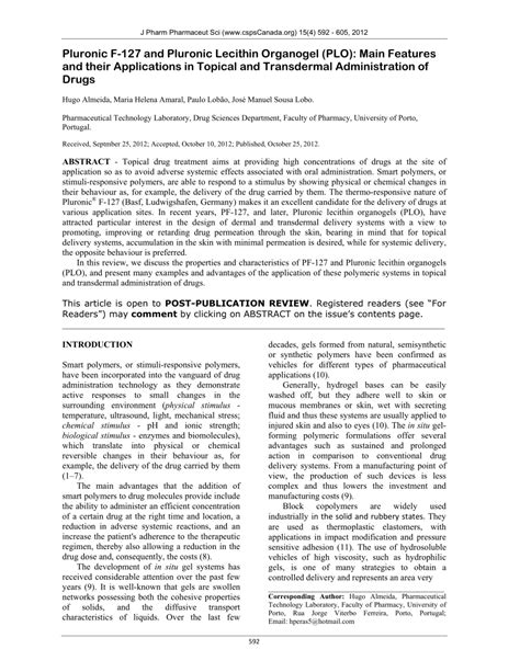 (PDF) Pluronic F-127 and Pluronic Lecithin Organogel (PLO): Main ...