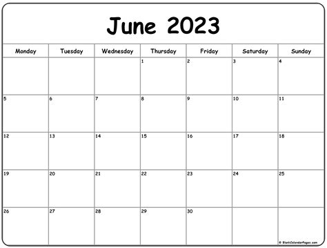 June 2021 Monday Calendar | Monday to Sunday