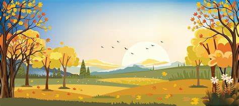 Panorama landscapes of Autumn farm field with maple leaves falling from trees, Fall season in ...