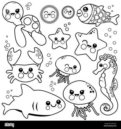 Sea animals swimming in the sea. Black and white coloring page Stock Photo - Alamy