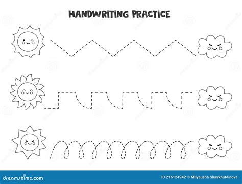 Tracing Lines with Black and White Clouds and Suns. Writing Practice ...