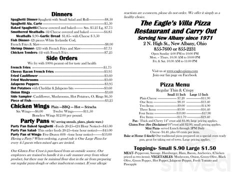 The Eagles Villa Pizza menu in New Albany, Ohio, USA