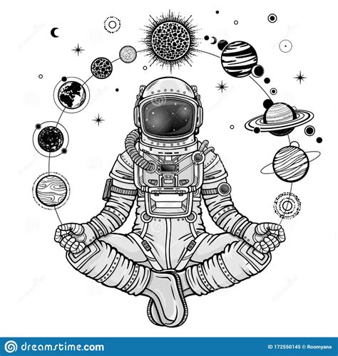 Monochrome Drawing: Animation Astronaut In A Space Suit Holds Planets ...