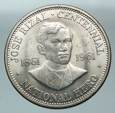 1961 PHILIPPINES with Jose Rizal Nationalist Antique Silver 1 Peso Coin ...