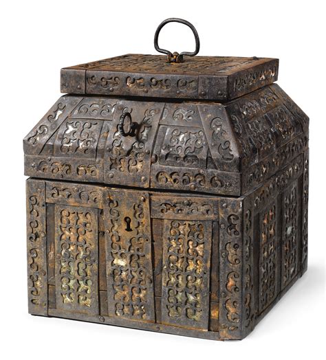 A LARGE WOOD AND METAL CASKET, 18TH CENTURY of teremok form, containing lower and upper ...