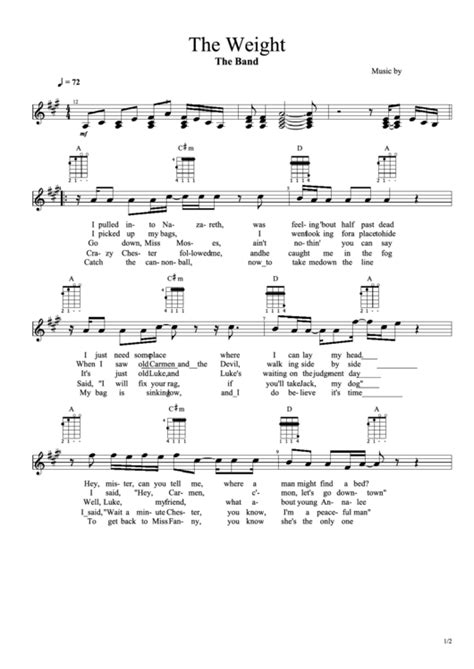 The Weight - The Band. Music By J. R. Robertson Chords Notes printable pdf download