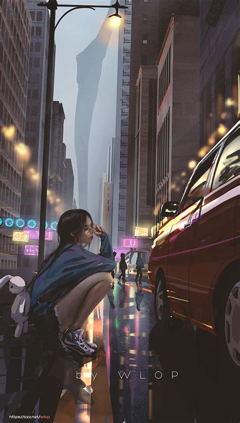 Vertical, anime, anime girls, WLOP, car, city, street, HD phone ...