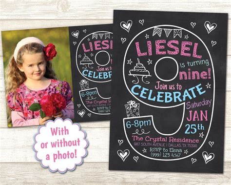 9th Birthday Invitation Chalkboard Invitation Ninth Party Invitation ...