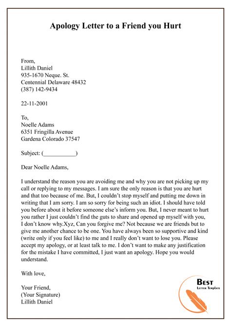 Apology Letter Template to a Friend - Sample & Example