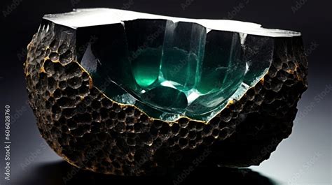 a piece of crystalline meteorite ore on a laboratory table. Precious ...