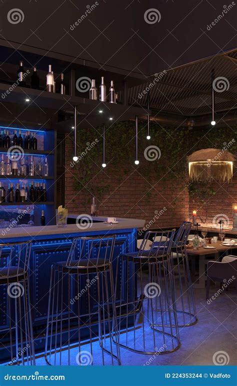 Bar Counter in a Nightclub, Interior Visualization Stock Illustration - Illustration of alcohol ...