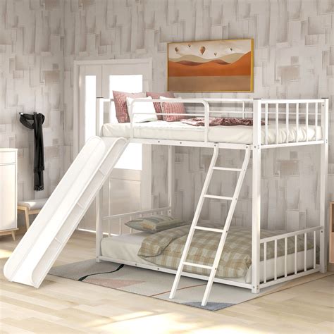 Euroco Metal Twin Over Twin Bunk Bed With Slide, White - Walmart.com