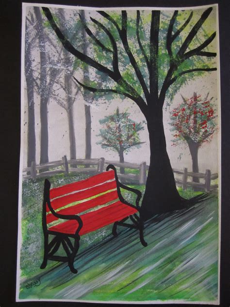 Park Bench in Red - landscape watercolor painting - By Chrissy ...