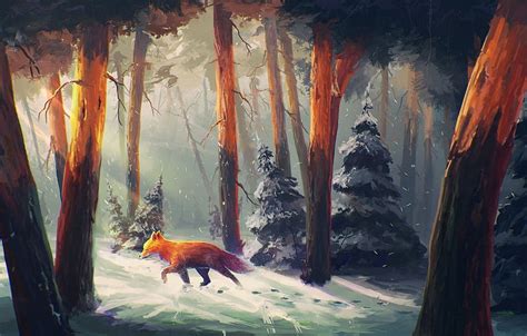 Sunlight, painting, forest, digital art, animals, nature, snow, artwork ...