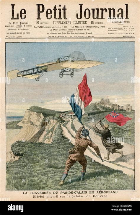 First air crossing of the English Channel by Louis Bleriot : about to land at Dover, 37 minutes ...