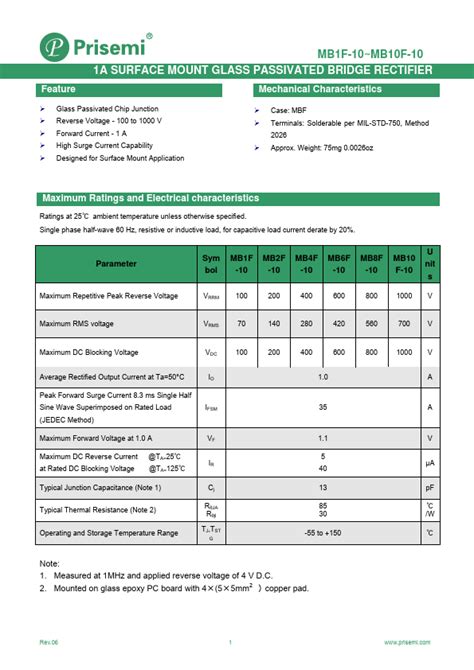 MB10F-10 Datasheet - 1A SURFACE MOUNT GLASS PASSIVATED BRIDGE RECTIFIER