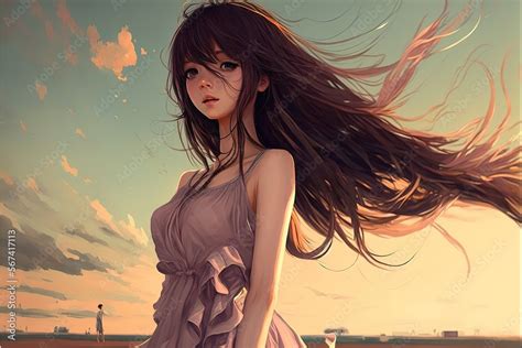 a beautiful anime girl looking into the camera, sad emotion while wind blowing, generative ai ...