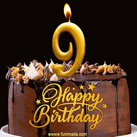 9th Birthday Chocolate Cake with Gold Glitter Number 9 Candle (GIF ...