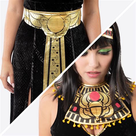 Women Black Cleopatra Dress Costume Set with Necklace, Belt, Headband for Adult