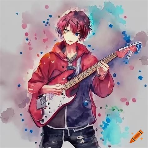 Anime boy with guitar and mischievous smile on Craiyon