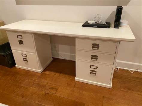 POTTERY BARN 70" BEDFORD DESK WITH FILE CABINETS & 5 DRAWERS WHITE | EstateSales.org