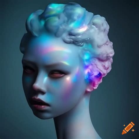Ethereal statue with opalescent cloud skin
